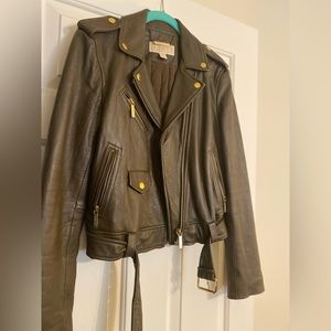 Michael Kors army green leather moto jacket, size M